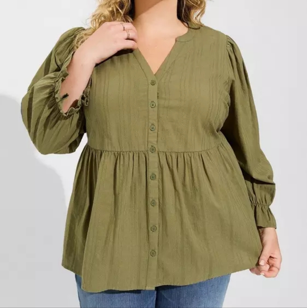 Torrid Size 0 Cotton Button Up Blouson Long Sleeve Top in Olivine